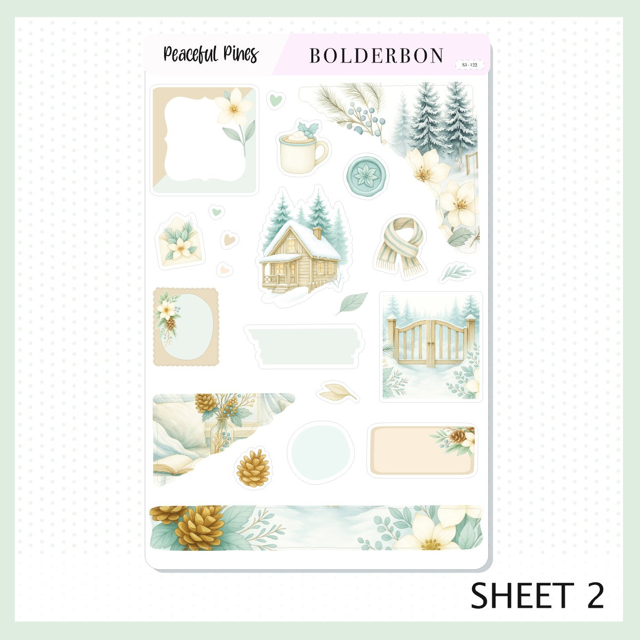 PEACEFUL PINES Journal Sticker Kit || Winter Floral Planner Stickers, Cozy Sage & Gold Vibe