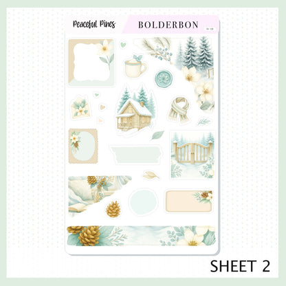 PEACEFUL PINES Journal Sticker Kit || Winter Floral Planner Stickers, Cozy Sage & Gold Vibe