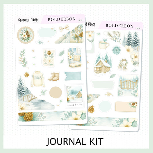 PEACEFUL PINES Journal Sticker Kit || Winter Floral Planner Stickers, Cozy Sage & Gold Vibe
