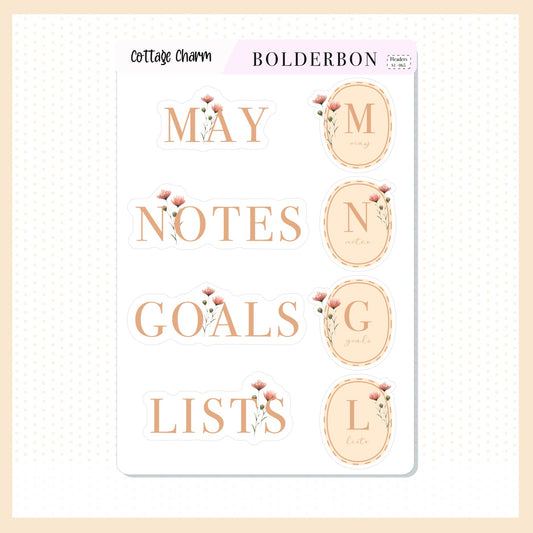 May Header Stickers "Cottage Charm" || Journal, Journaling Stickers