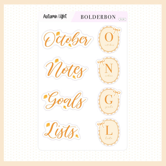 OCTOBER Header Stickers || Autumn Light, Cozy Fall Floral Planner Stickers, Aesthetic Vibe, Journal, Journaling Stickers