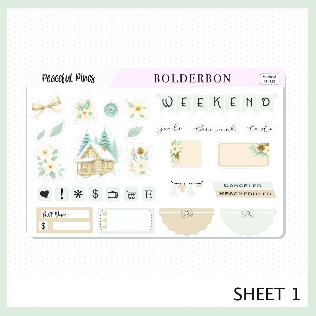 PEACEFUL PINES 7x9 Vertical Sticker Kit || Winter Floral Planner Stickers, Cozy Sage & Gold Vibe