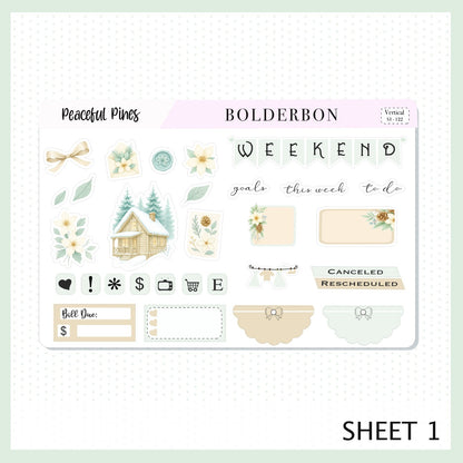 PEACEFUL PINES 7x9 Vertical Sticker Kit || Winter Floral Planner Stickers, Cozy Sage & Gold Vibe