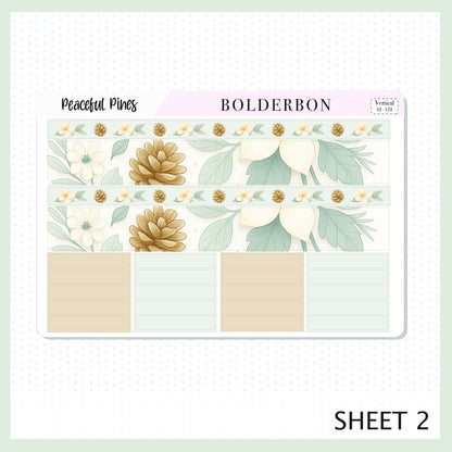 PEACEFUL PINES 7x9 Vertical Sticker Kit || Winter Floral Planner Stickers, Cozy Sage & Gold Vibe