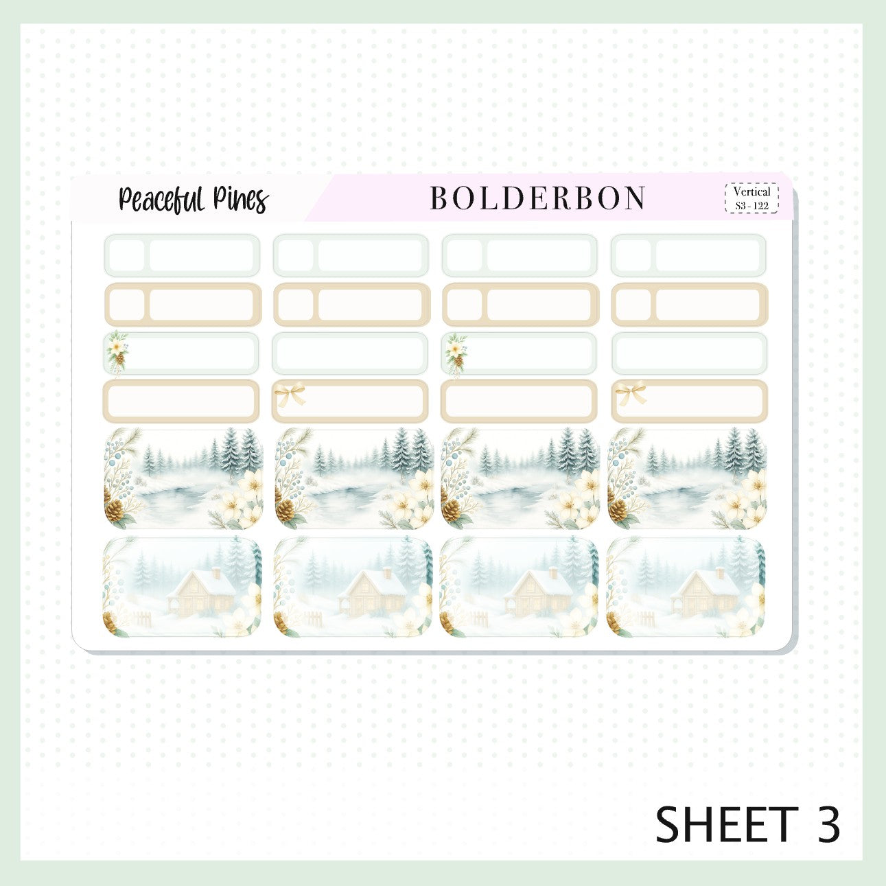 PEACEFUL PINES 7x9 Vertical Sticker Kit || Winter Floral Planner Stickers, Cozy Sage & Gold Vibe