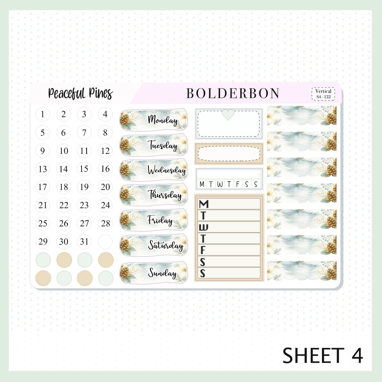 PEACEFUL PINES 7x9 Vertical Sticker Kit || Winter Floral Planner Stickers, Cozy Sage & Gold Vibe