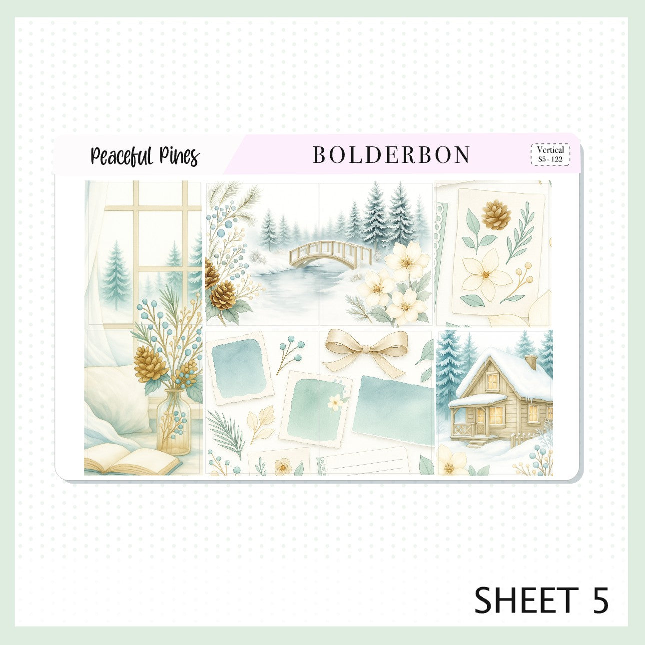 PEACEFUL PINES 7x9 Vertical Sticker Kit || Winter Floral Planner Stickers, Cozy Sage & Gold Vibe
