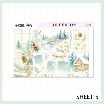 PEACEFUL PINES 7x9 Vertical Sticker Kit || Winter Floral Planner Stickers, Cozy Sage & Gold Vibe