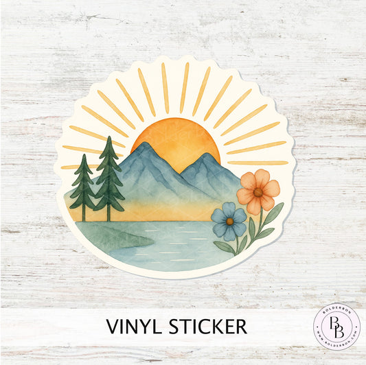 Mountain Sunrise Vinyl Sticker || Floral Nature Decal, Hiking Outdoor Adventure, Cottagecore Watercolor Aesthetic, Waterproof Laptop Sticker