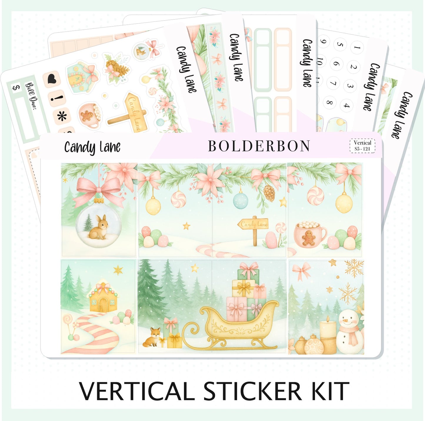 CANDY LANE 7x9 Vertical Sticker Kit || Festive Christmas Planner Stickers, Holiday Pastel Vibe