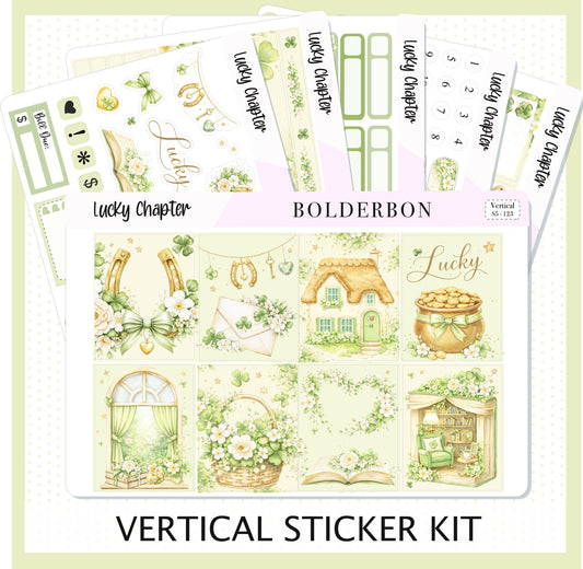 LUCKY CHAPTER 7x9 Vertical Sticker Kit || Clover Planner Stickers, Book Lover, Cottagecore Spring Weekly Kit