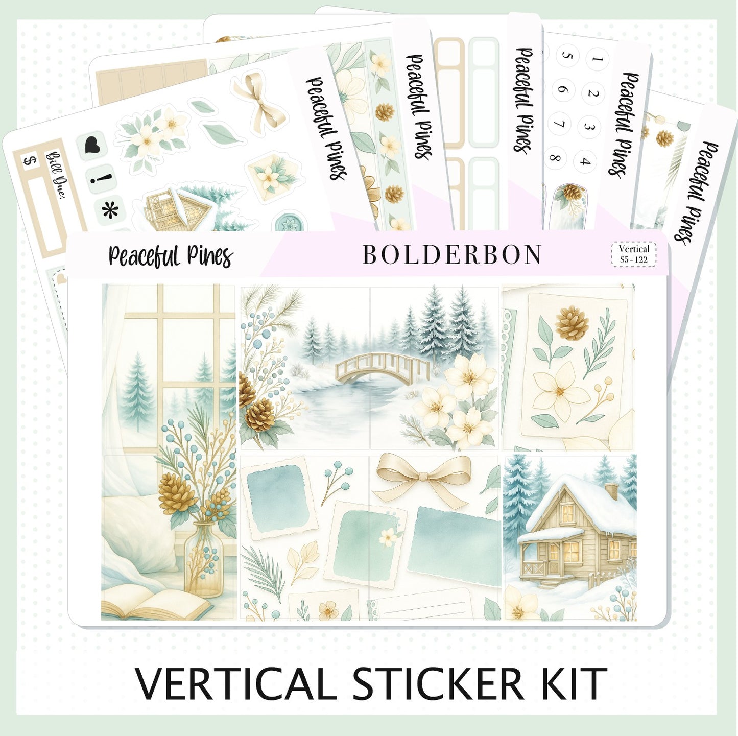 PEACEFUL PINES 7x9 Vertical Sticker Kit || Winter Floral Planner Stickers, Cozy Sage & Gold Vibe