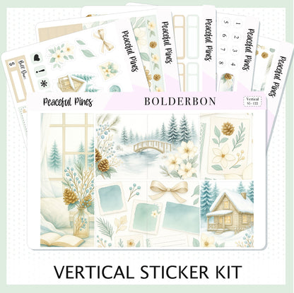 PEACEFUL PINES 7x9 Vertical Sticker Kit || Winter Floral Planner Stickers, Cozy Sage & Gold Vibe