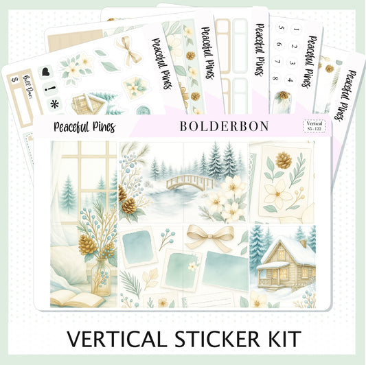 PEACEFUL PINES 7x9 Vertical Sticker Kit || Winter Floral Planner Stickers, Cozy Sage & Gold Vibe