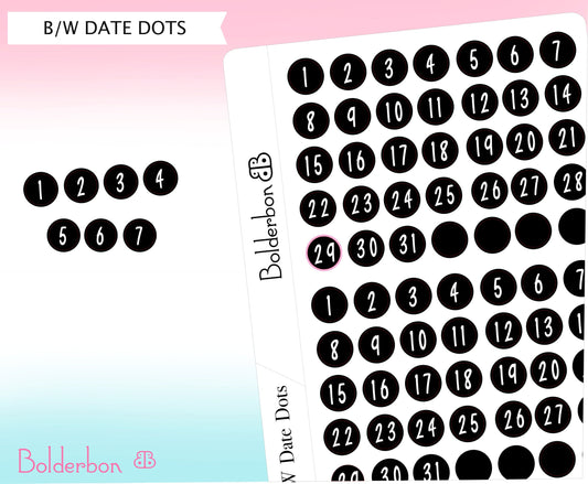 DATE DOTS || Black & White, Planner Stickers