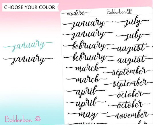 MODERN MONTH STICKERS | Bullet Journal, Script,Vinyl, Bujo Stickers, Monthly, Planner, Handlettering, Brush Lettering, Calendar, Cursive