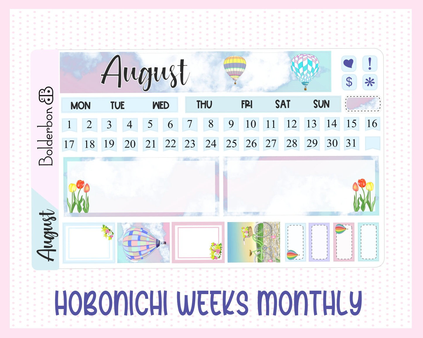AUGUST Hobonichi Weeks Sticker Kit || Hand Drawn Hot Air Balloon Monthly Planner Stickers for Hobo Weeks