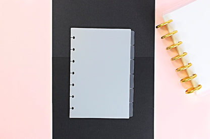 DISCBOUND DIVIDERS Frosted Clear || B6 Size, 1/2 Letter Size, 6 Side Tabs, 7 Hole Punch, Plastic, Sticker Album, Planner, Notebook