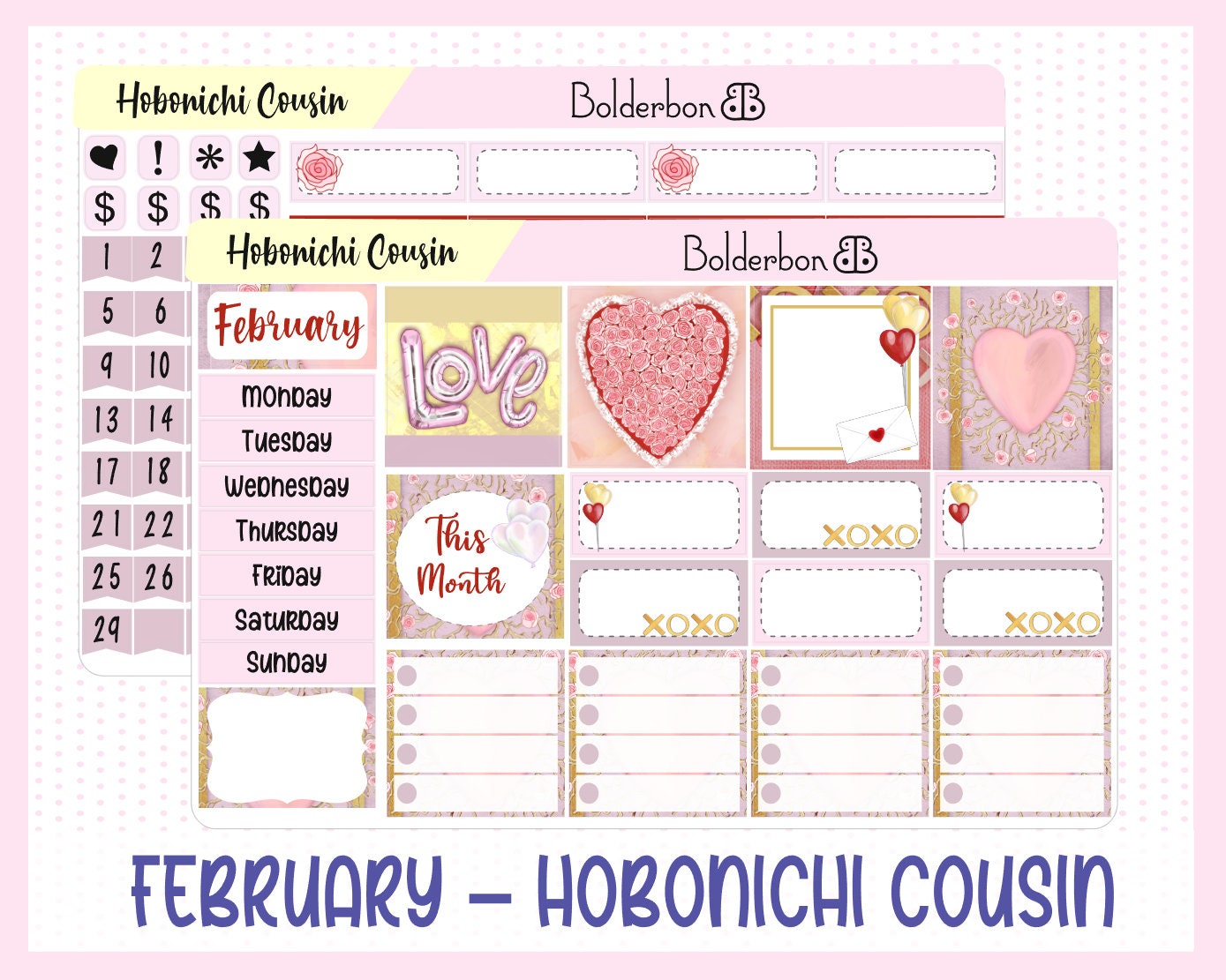 FEBRUARY Hobonichi Cousin and A5 Day Free || Monthly Planner Sticker Kit, Valentine, Love