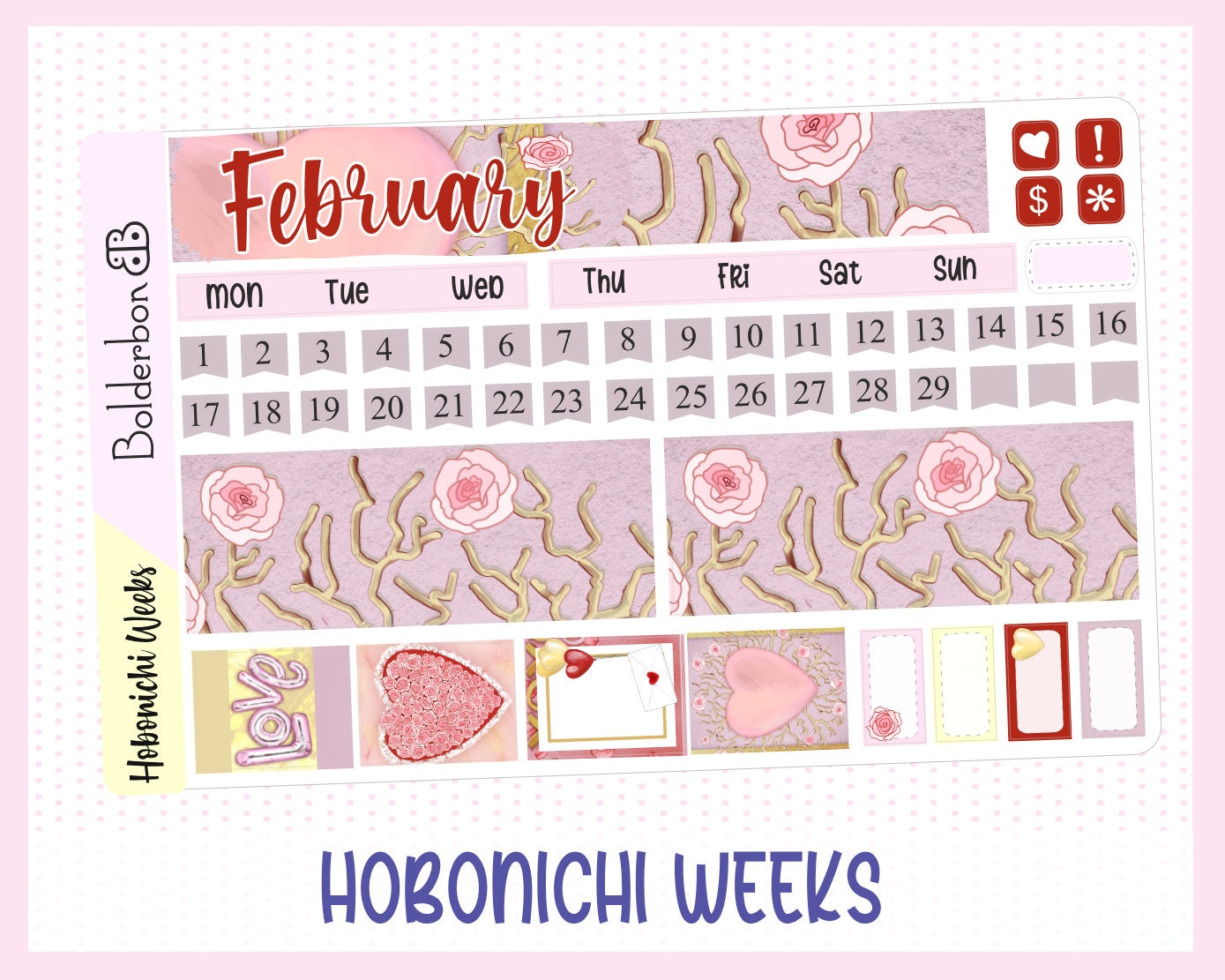 FEBRUARY Hobonichi Weeks Sticker Kit || Monthly Planner Stickers for Hobonichi Weeks, Valentine, Love
