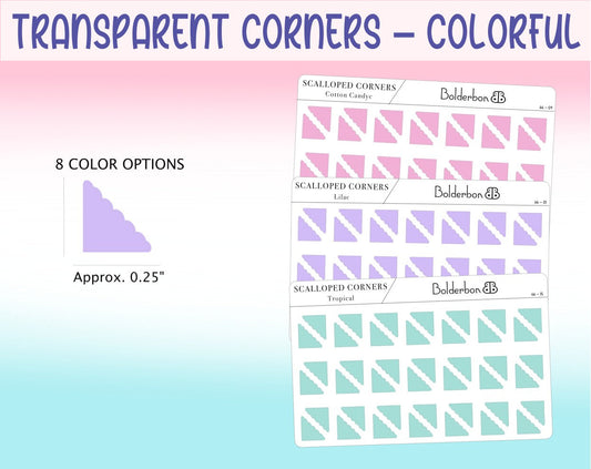 NEW* TRANSPARENT CORNERS || Frosted Clear, Colorful, Pastel, Mini Dots, Planner Stickers, Scallop, Functional