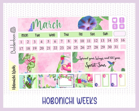 MARCH Hobonichi Weeks Sticker Kit || Monthly Planner Stickers for Hobonichi Weeks, Hummingbird, Spring, Flowers
