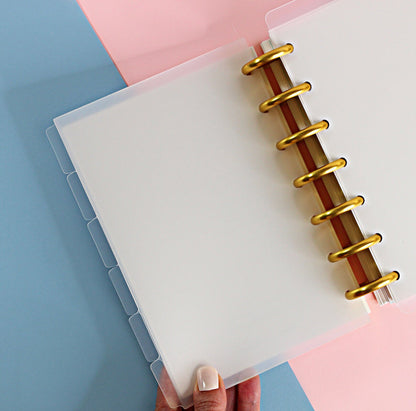 DISCBOUND DIVIDERS Frosted Clear || B6 Size, 1/2 Letter Size, 6 Side Tabs, 7 Hole Punch, Plastic, Sticker Album, Planner, Notebook