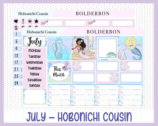 JULY Hobonichi Cousin and A5 Day Free || Monthly Planner Sticker Kit, Summer, Mermaids, Ocean