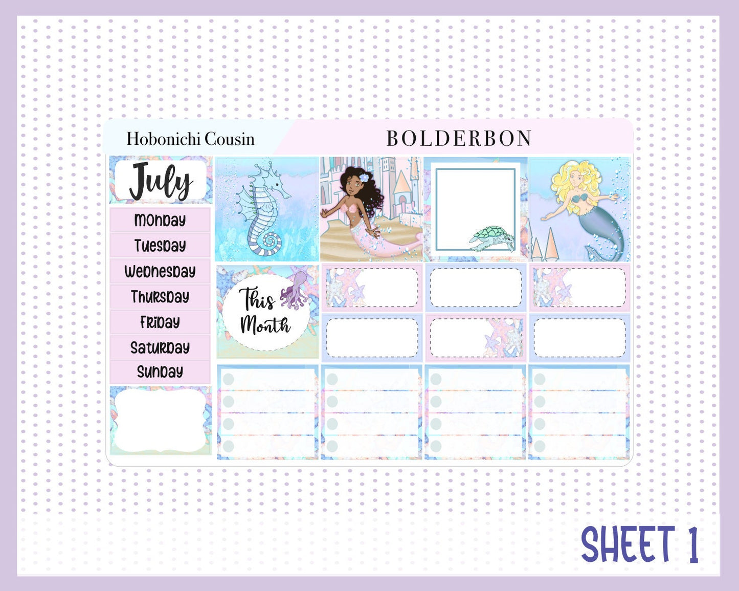 JULY Hobonichi Cousin and A5 Day Free || Monthly Planner Sticker Kit, Summer, Mermaids, Ocean