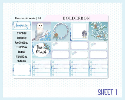JANUARY Hobonichi Cousin and A5 Day Free || Monthly Planner Sticker Kit, Winter, Snow, Owl