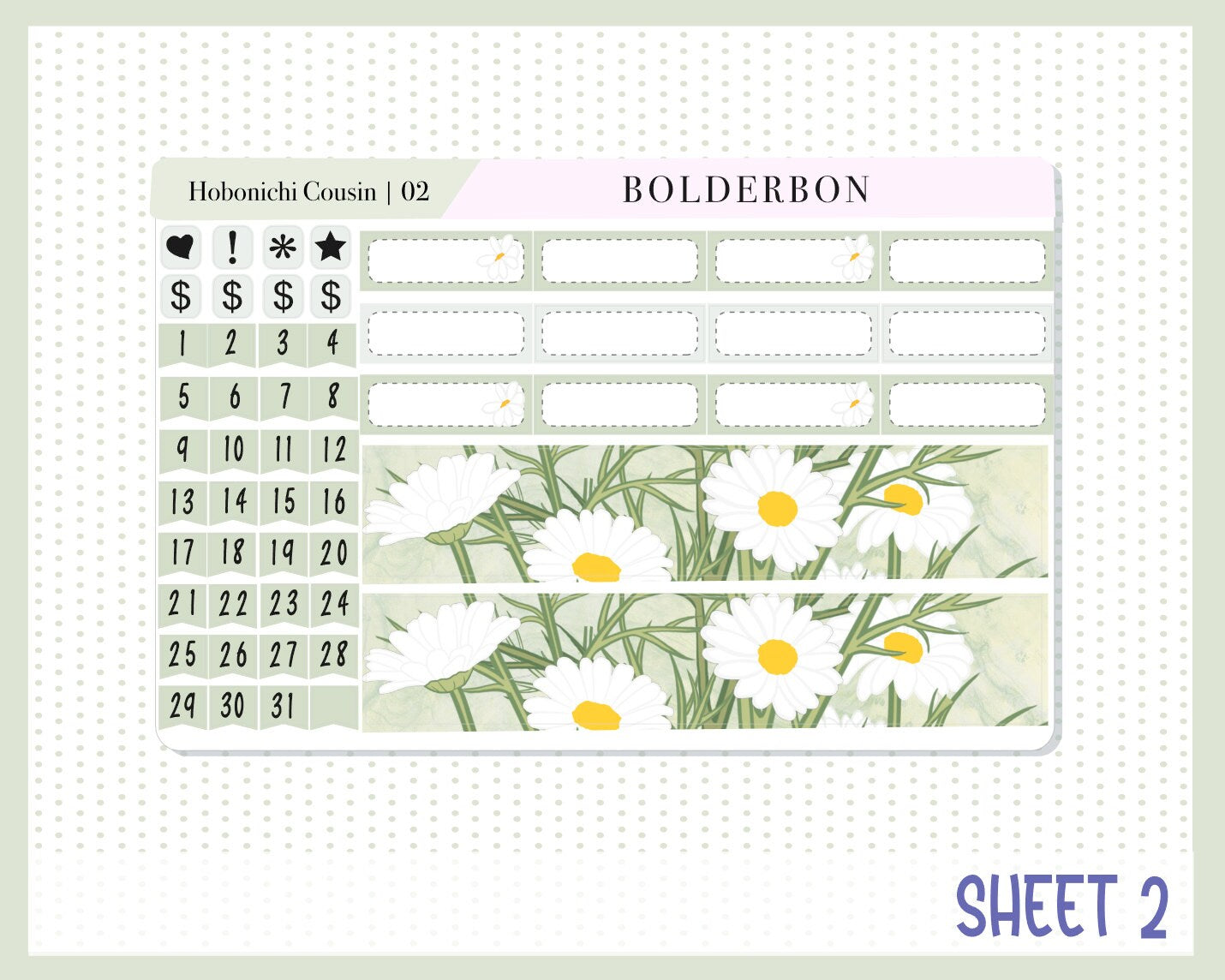 MARCH Hobonichi Cousin and A5 Day Free || Monthly Planner Sticker Kit, Rustic Daisy, Daisies