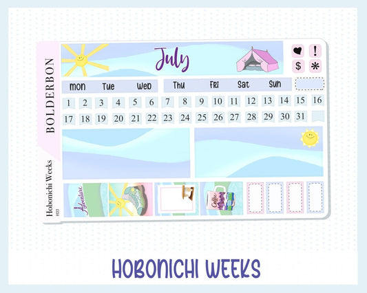 HOBONICHI WEEKS - July Sticker Kit || Monthly Planner Stickers, Adventure, Hiking, Camping, Coffee, Road Trip, Summer