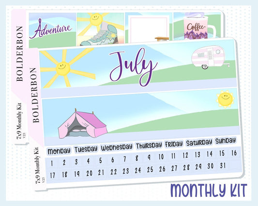 JULY Monthly Sticker Kit || 7x9 Erin Condren Planner Stickers, Summer, Hiking, Adventure, Camping
