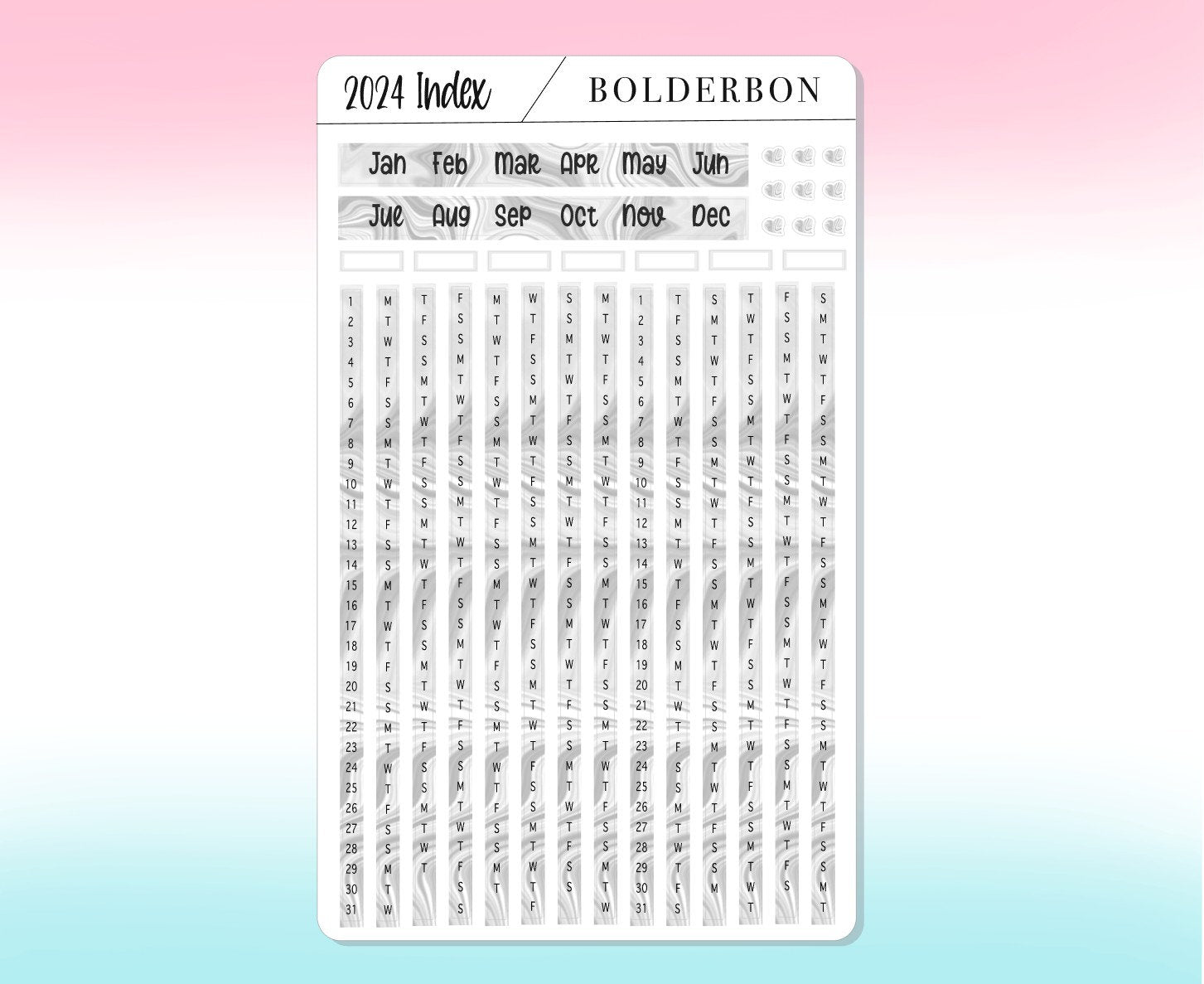 2024 YEARLY INDEX Hobonichi Weeks || Neutral Date Strips,Monthly Headers, Calendar Stickers, Year At A Glance, Hobonichi Weeks Kit,