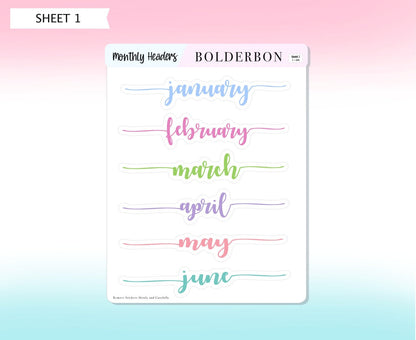 MONTHLY HEADER Stickers || Colorful, Script, Printed, Header, Monthly, Planner, Handlettering, Calendar, Cursive