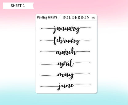 MONTHLY HEADER Stickers || Script, Printed, Header, Monthly, Planner, Handlettering, Calendar, Cursive