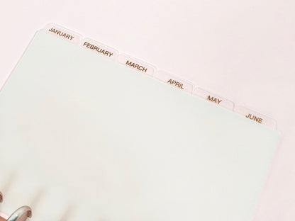 MONTHLY DISC Dividers || Half Letter, Rose Gold Foil, 12 Side Tabs, 8 Disc Punch, Clear, Transparent Frost