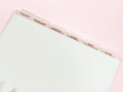 MONTHLY DISC Dividers || Half Letter, Rose Gold Foil, 12 Side Tabs, 8 Disc Punch, Clear, Transparent Frost