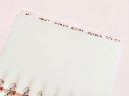 MONTHLY DISC Dividers || Half Letter, Rose Gold Foil, 12 Side Tabs, 8 Disc Punch, Clear, Transparent Frost